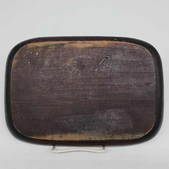 Chinese Carved Wooden Tray Lotus Leaves Frog Pulling Turtle Leg VTG Inlay - Picture 5 of 9